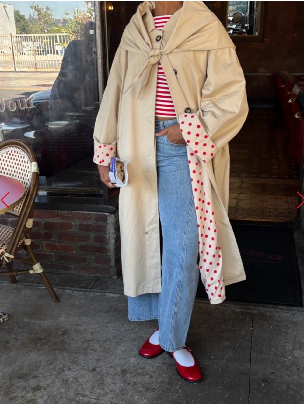 Lisa Says Gah Beige Trench Coat with Polka Dot Lining